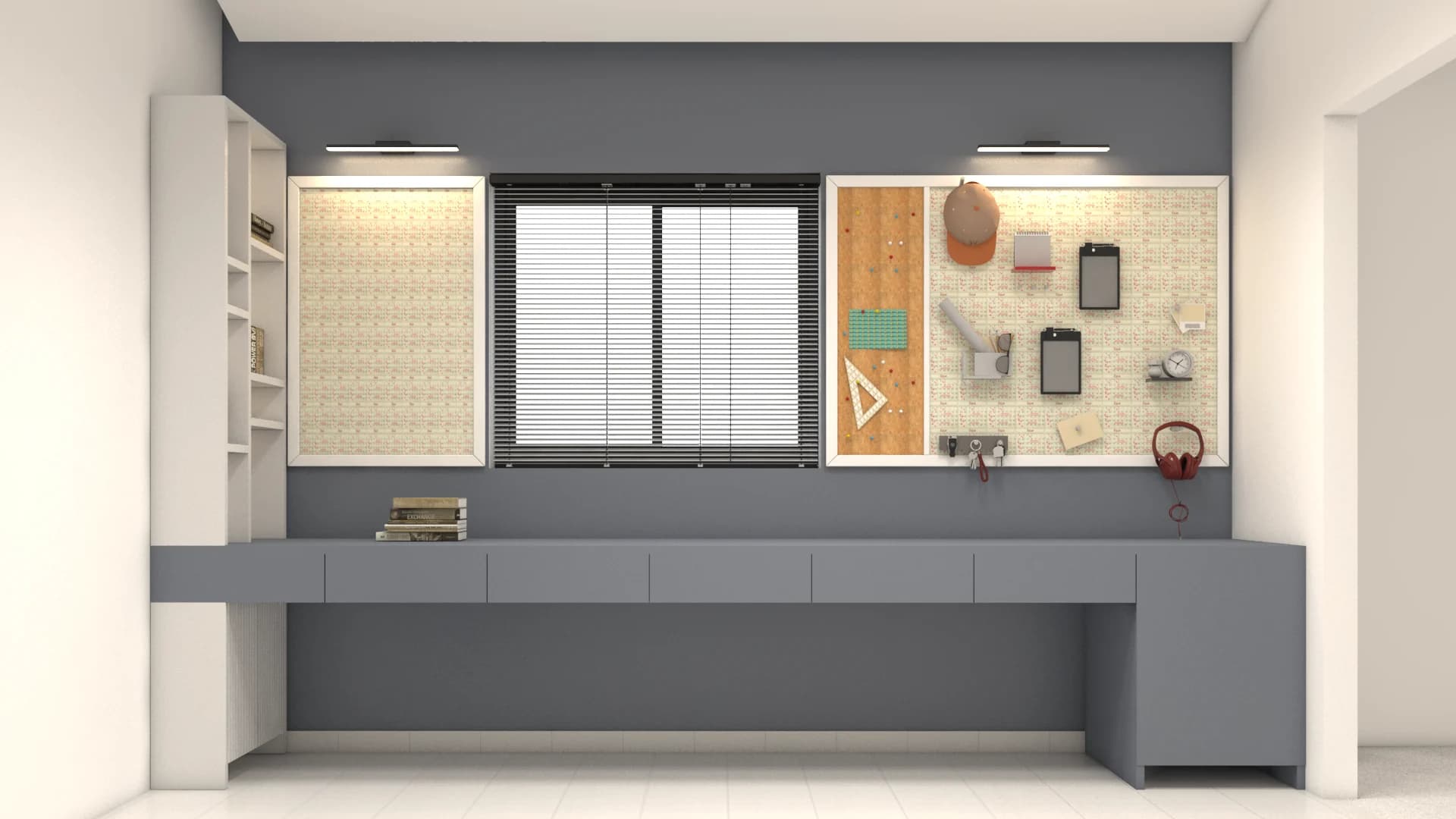Study area with long desk, window, and display shelves