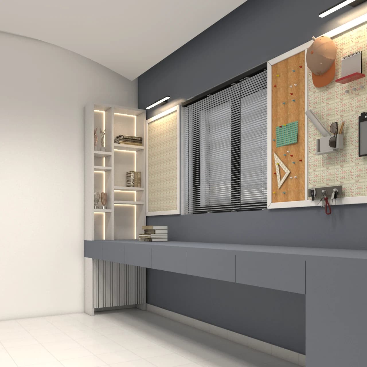 Study room corner with desk, shelving, and display board