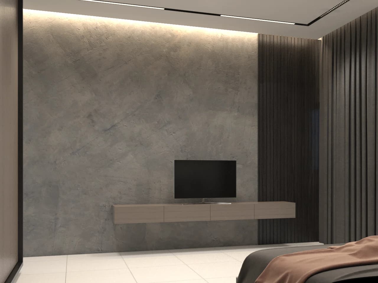 Bedroom television wall with floating console and warm lighting