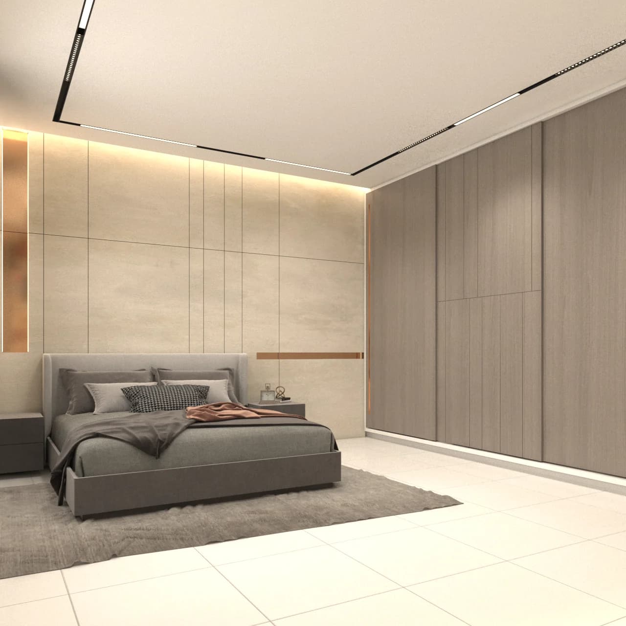 Bedroom interior with bed, wall panels, and concealed ceiling lighting