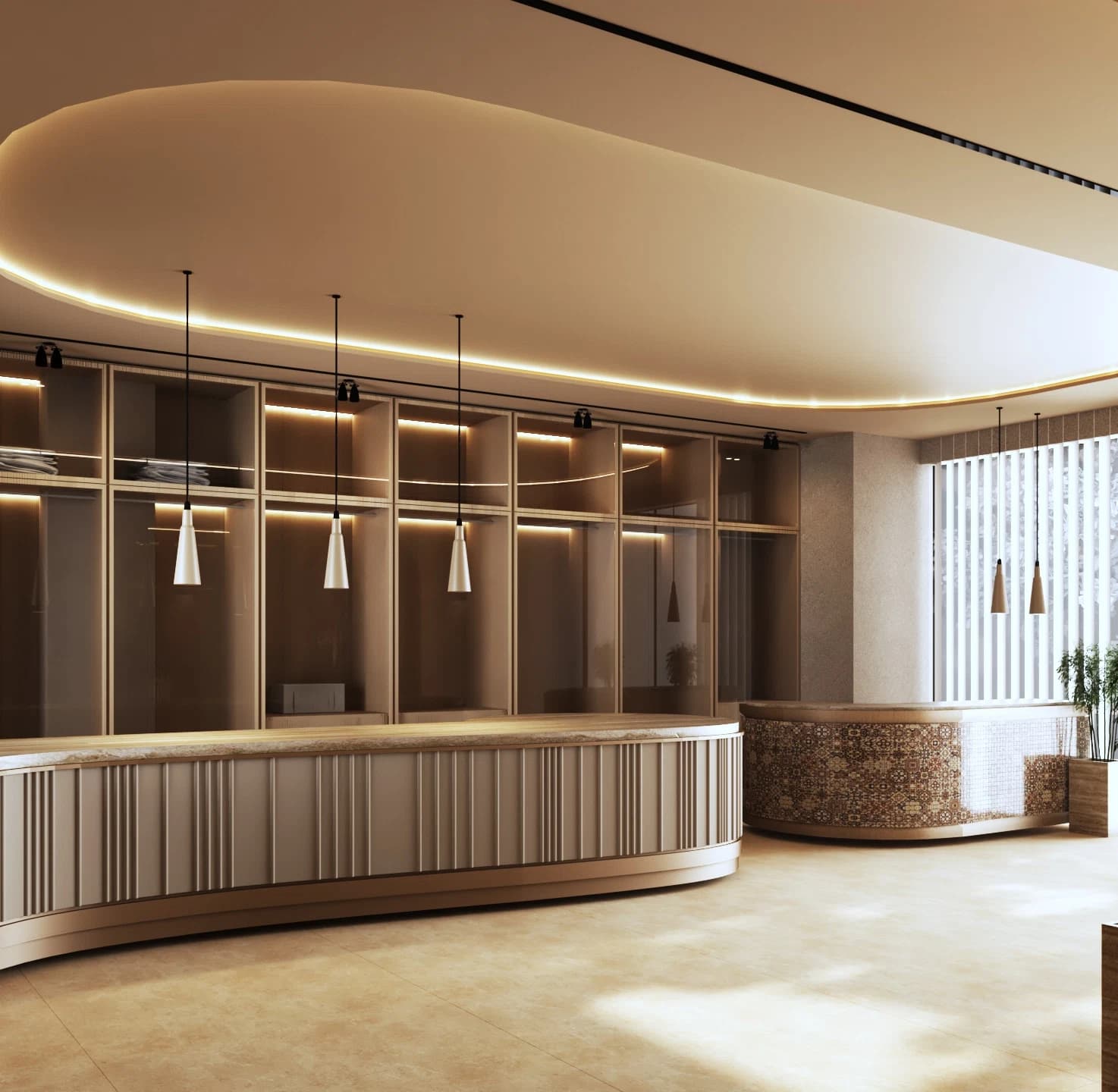 Curved retail counter with shelving and pendant lighting