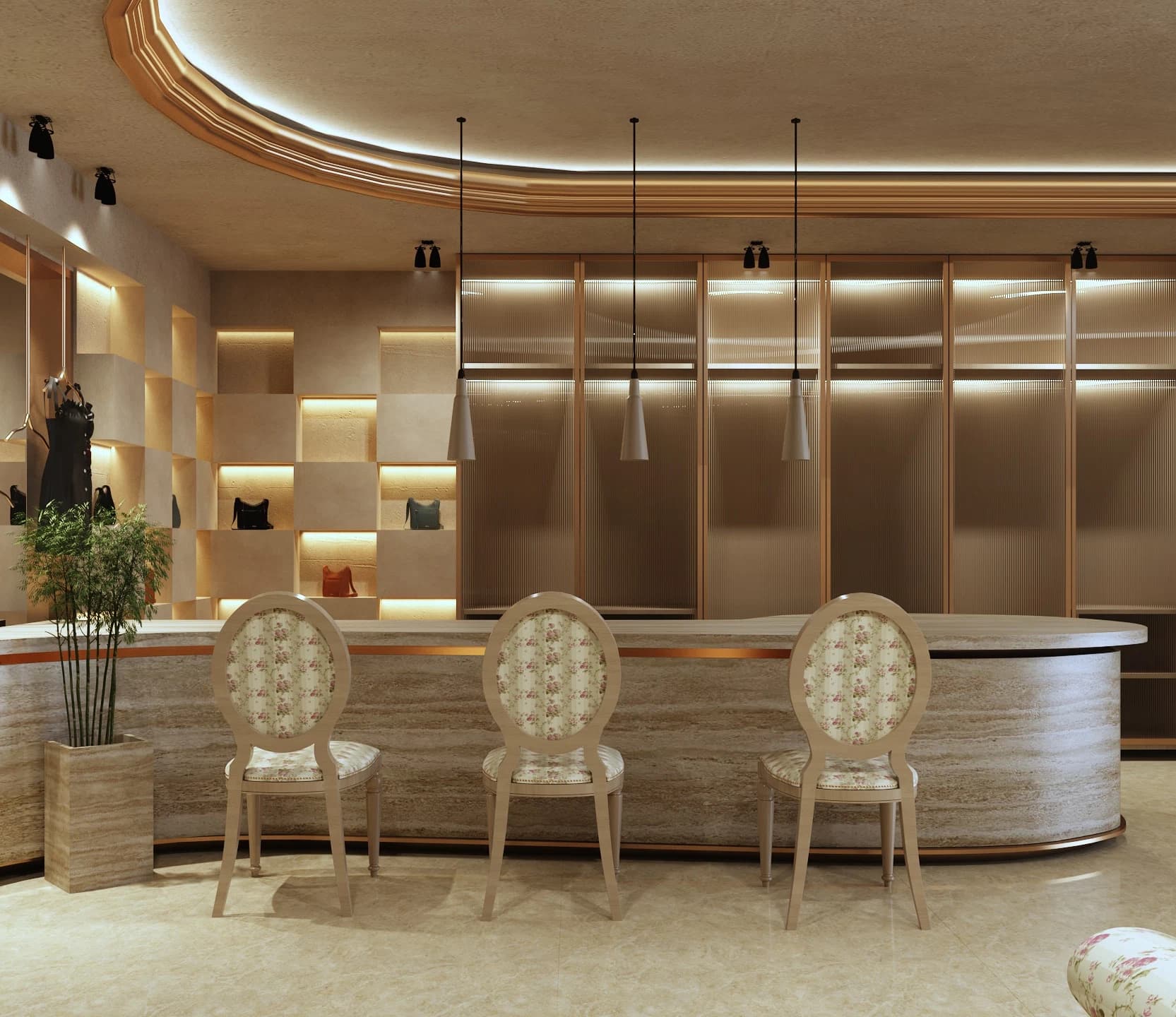 Retail counter with chairs and ceiling lighting