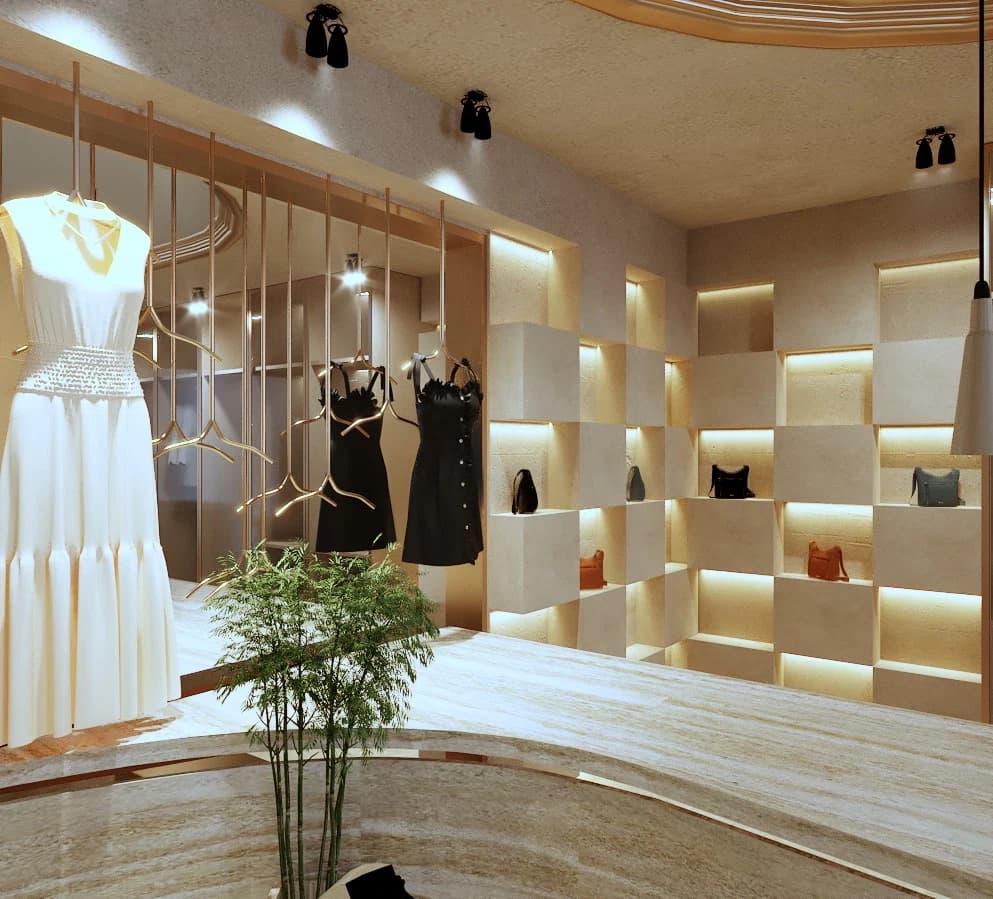 Display shelving with curved counter in foreground