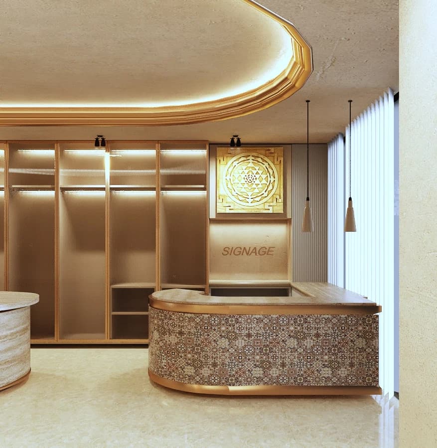 Cash counter with illuminated wall panel