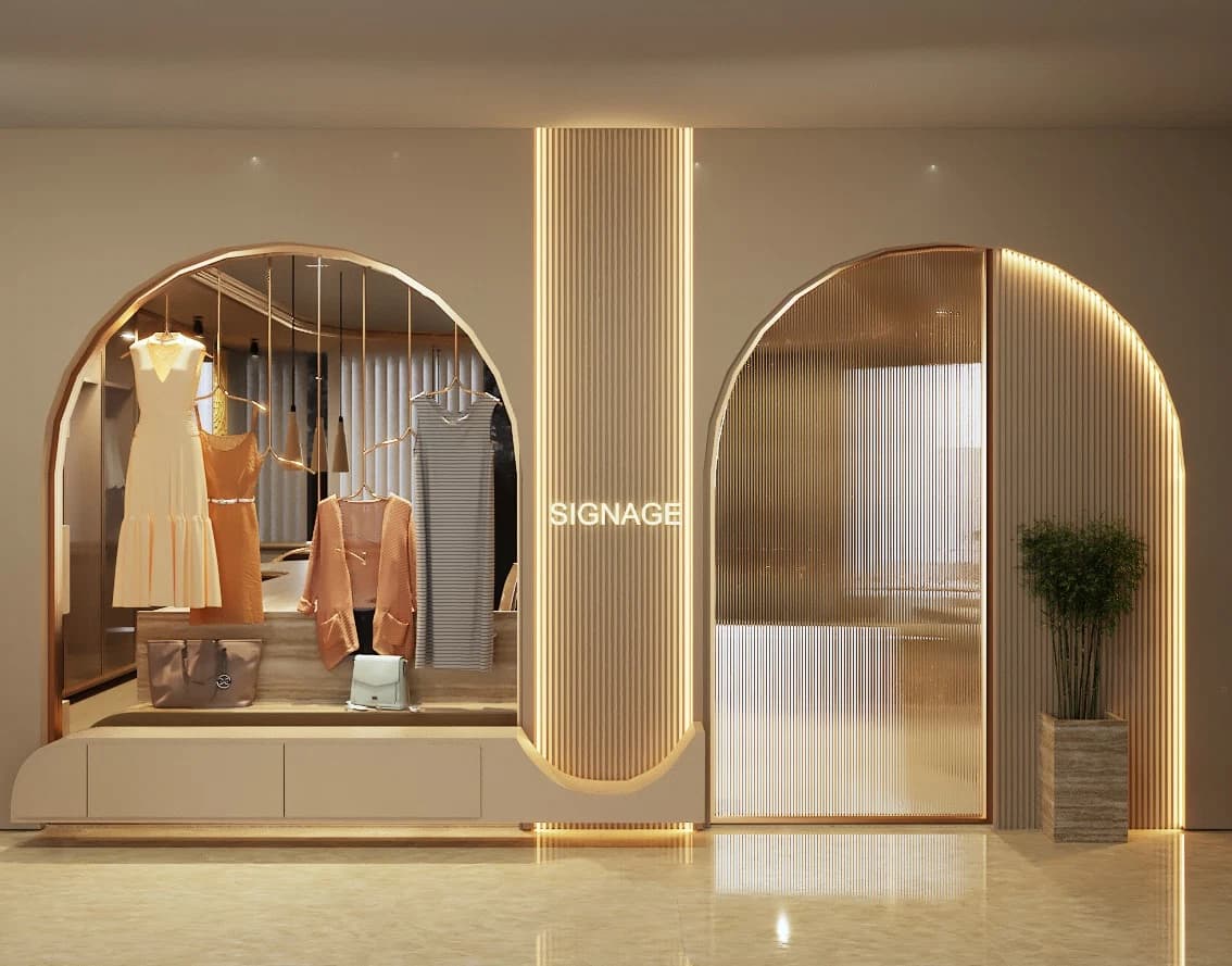 Storefront with arched display window and entrance