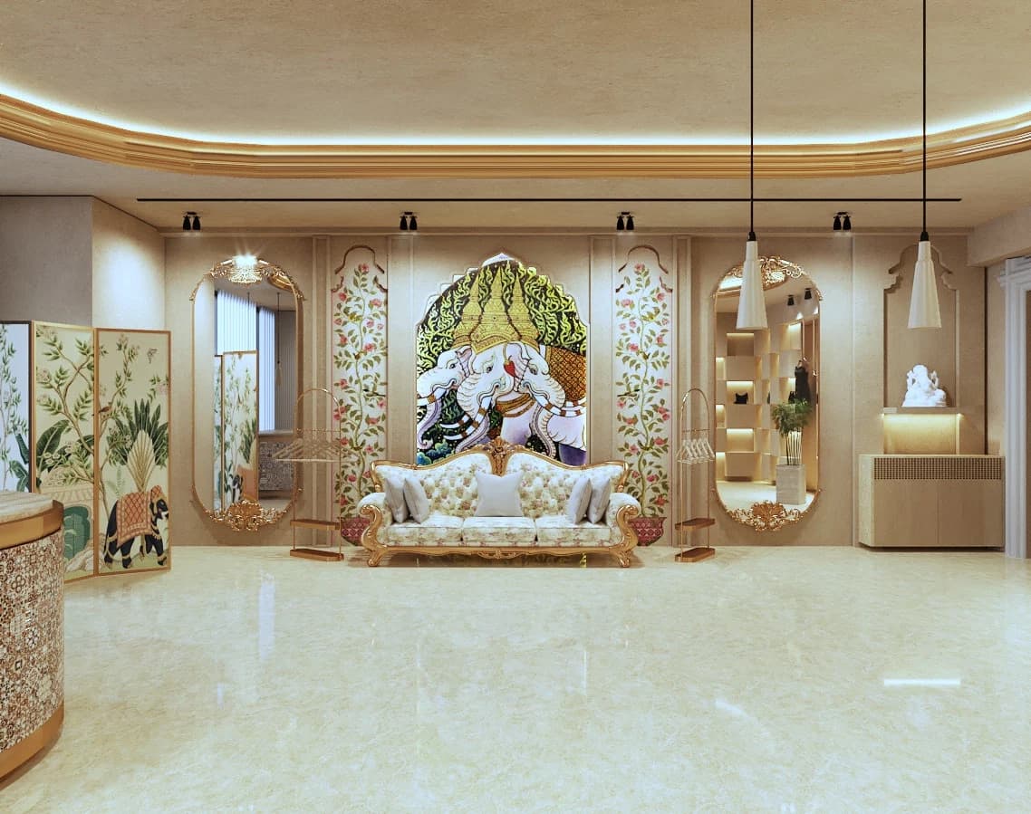 Interior display space with seating and decorative wall backdrop