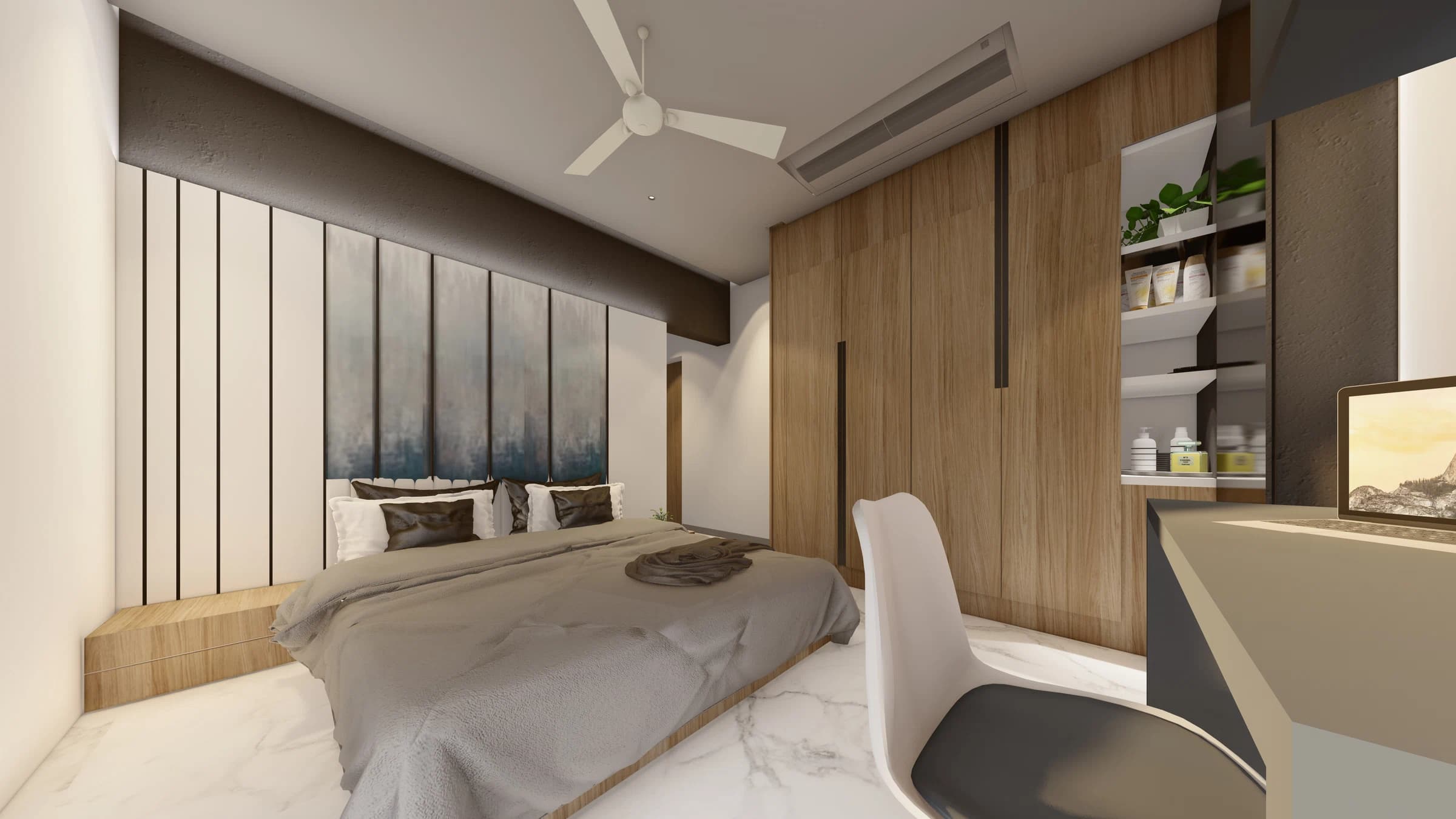Bedroom with study desk, bed, and wall panels