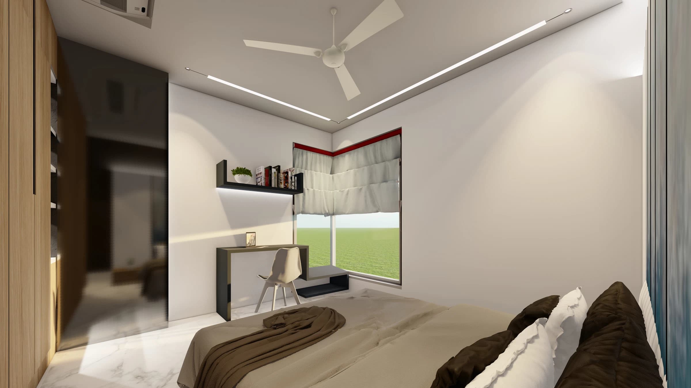 Bedroom with bed, desk, and window