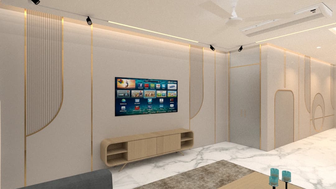 Living room with television wall and recessed lighting