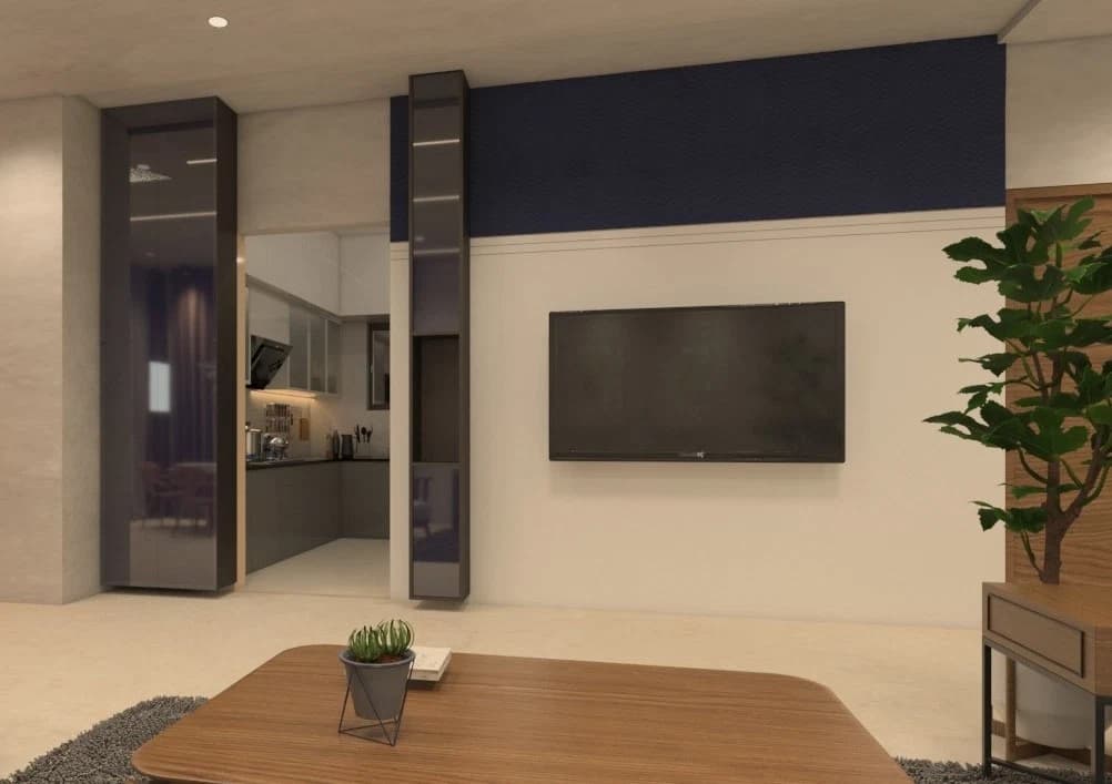 Living room television wall with display shelving