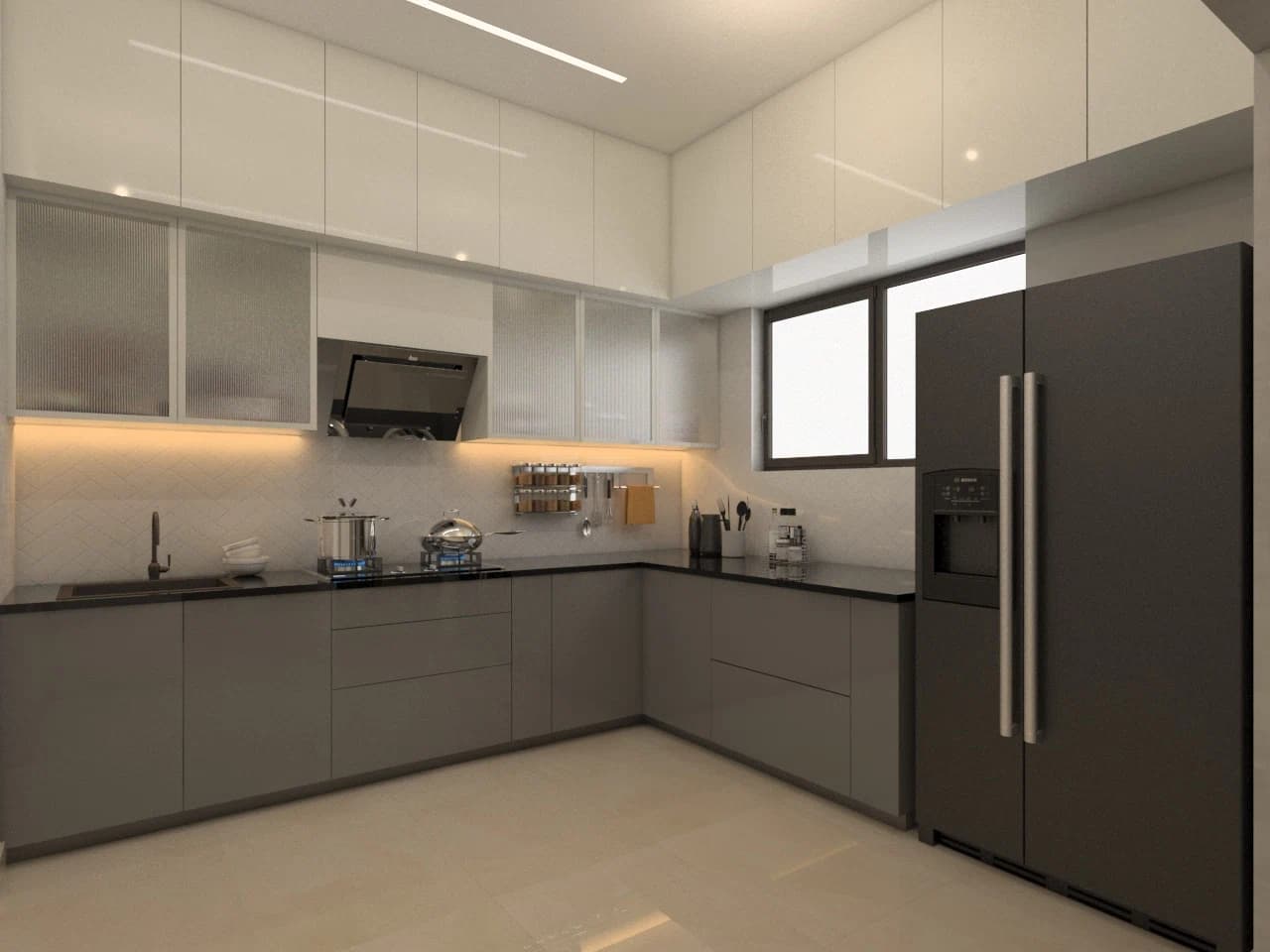 Kitchen with grey cabinetry and black backsplash