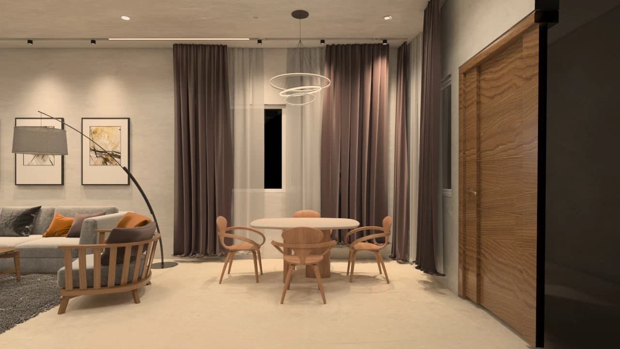 Dining area with table, chairs, and curtain wall