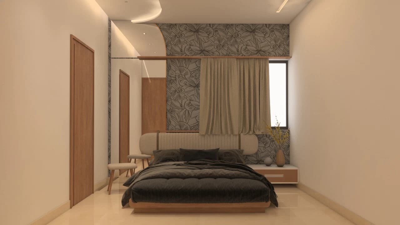 Guest bedroom with bed and wall paneling