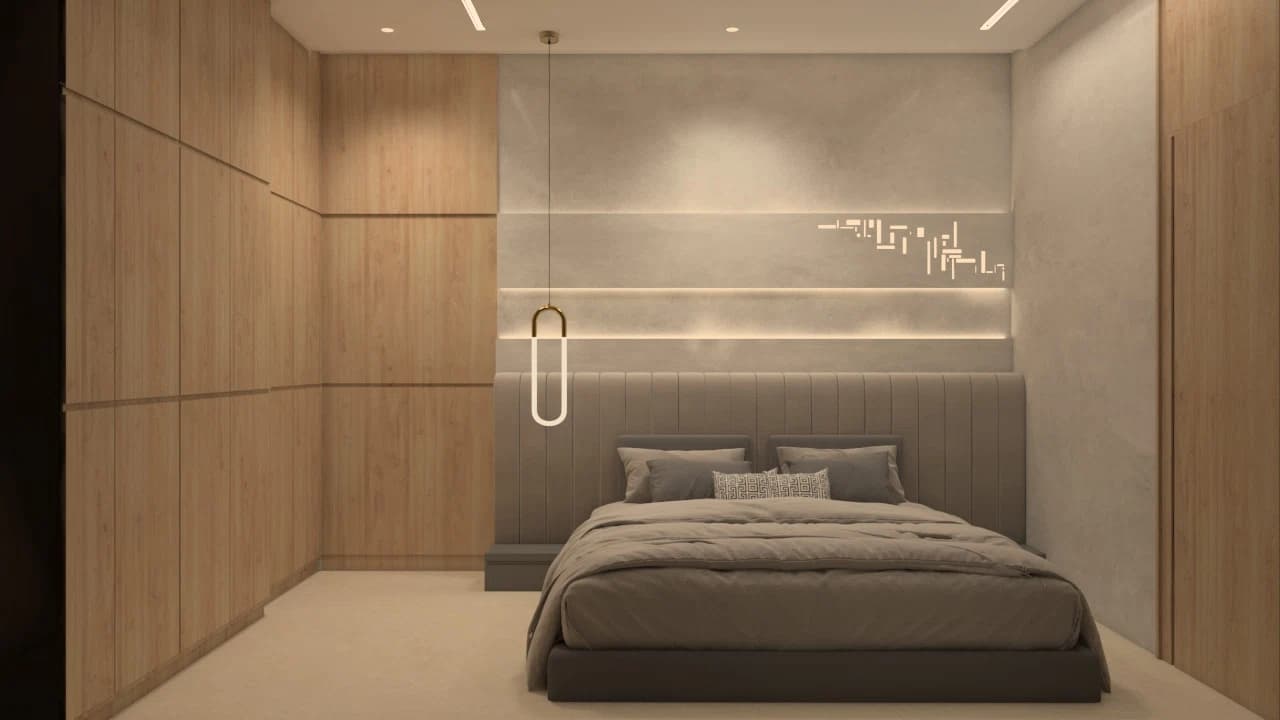 Bedroom with bed and timber wall panels