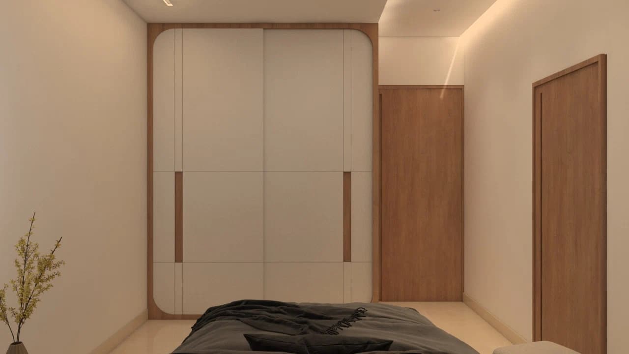 Bedroom with wardrobe wall and bed foreground