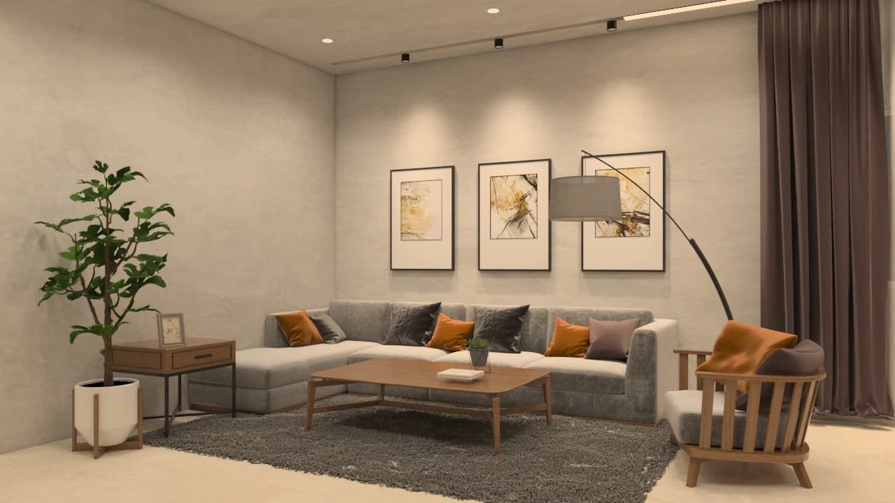 Living room with sofa, accent chairs, and wall art