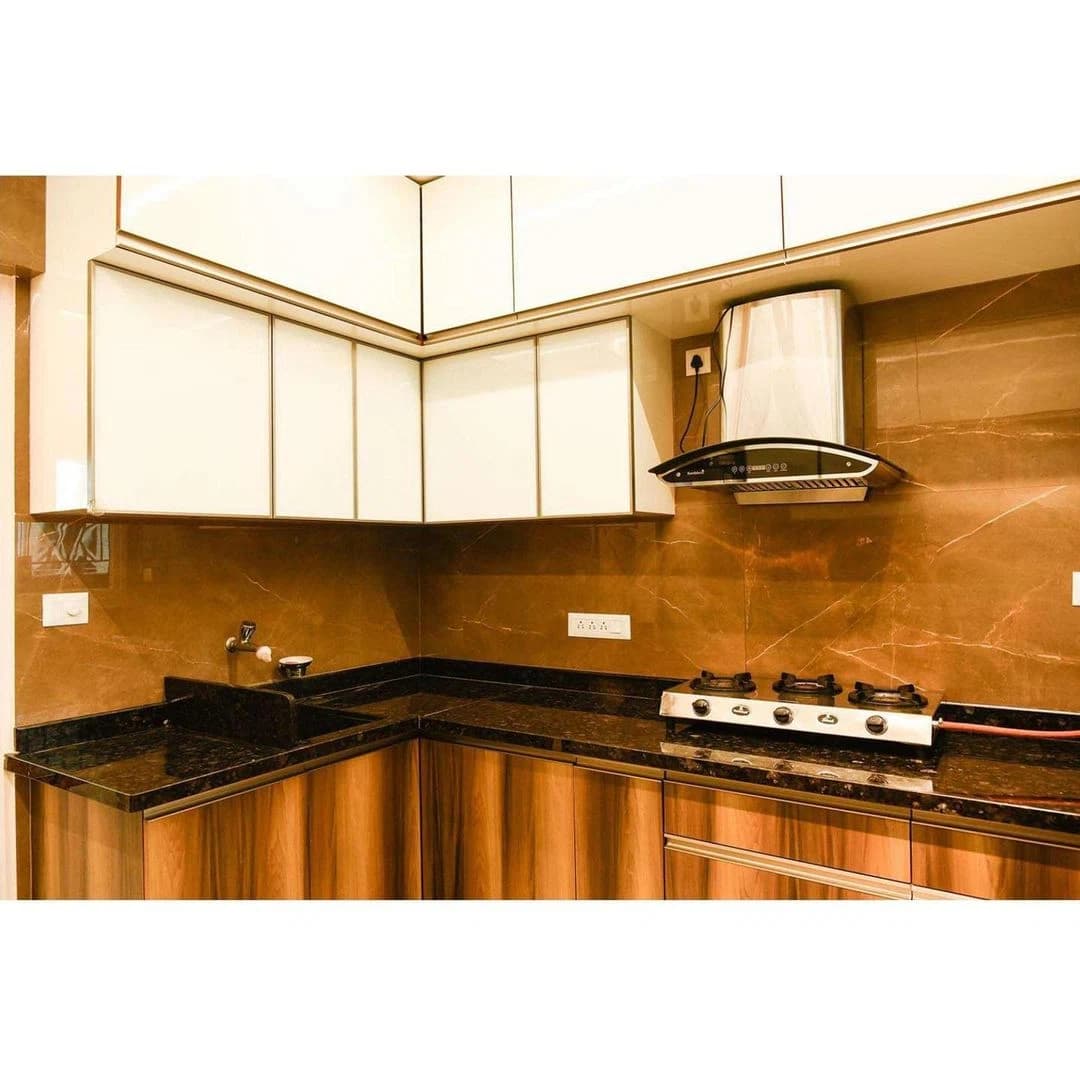 Kitchen with white cabinets and timber lower panels