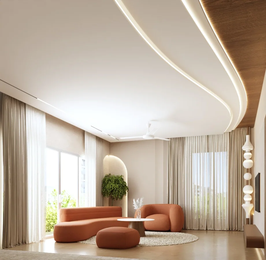 Living area with curved ceiling lighting and lounge seating
