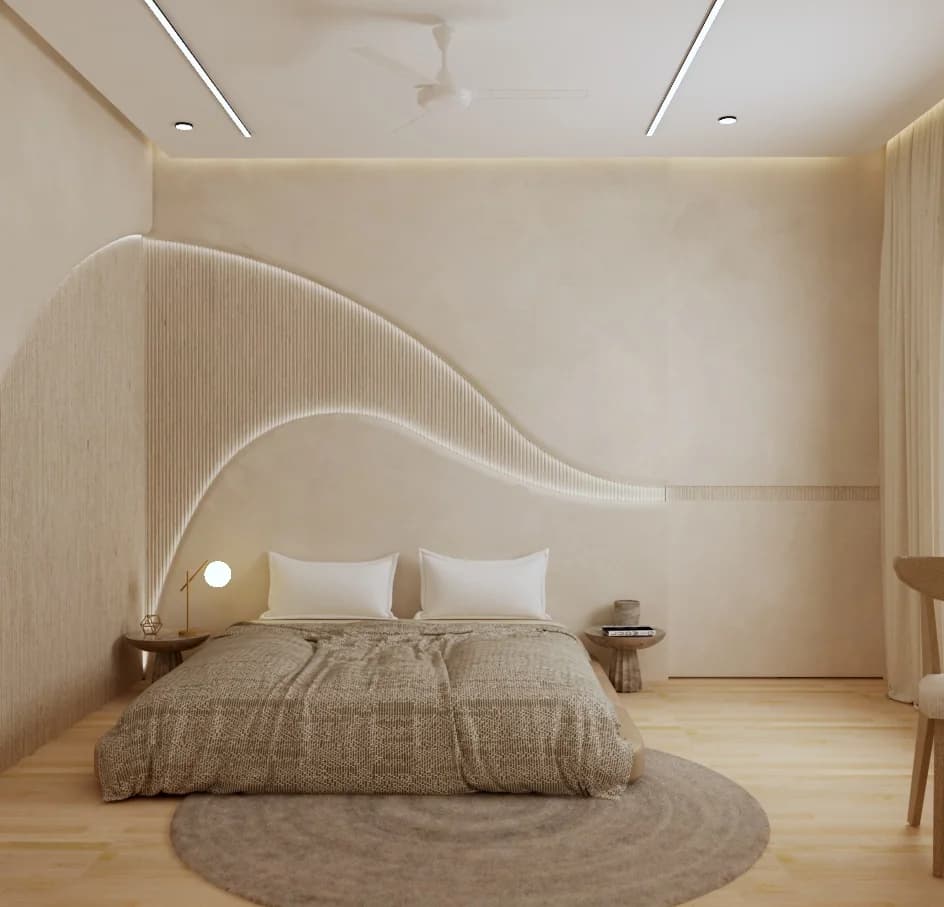 Bedroom interior with bed and curved wall detail