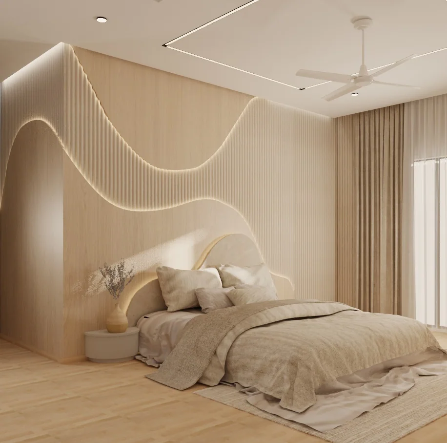 Bedroom interior with timber headboard and ceiling fan