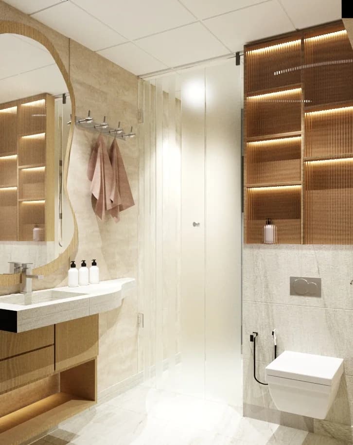 Bathroom interior with vanity mirror and shower area
