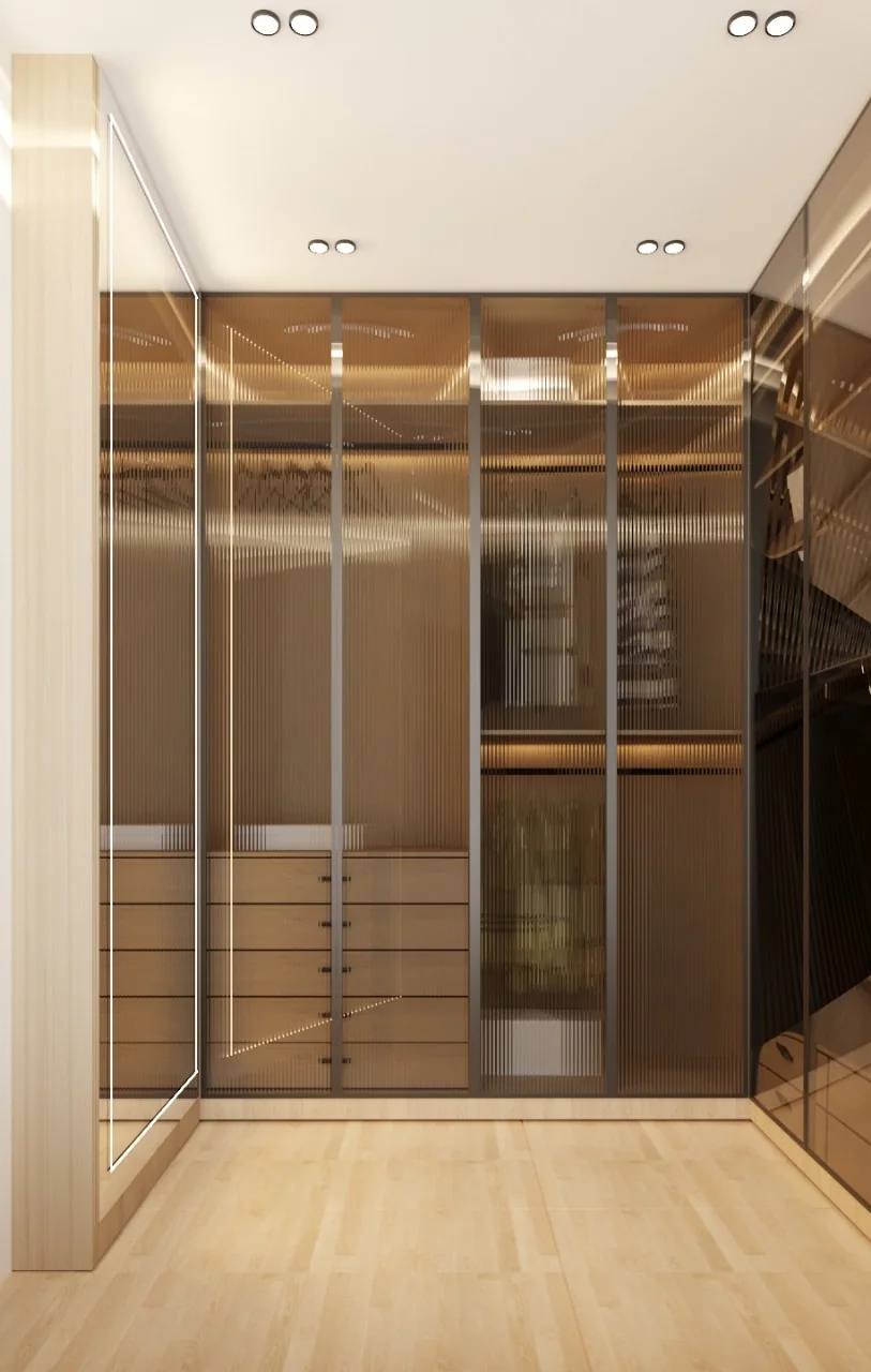 Walk-in wardrobe with glass-front storage