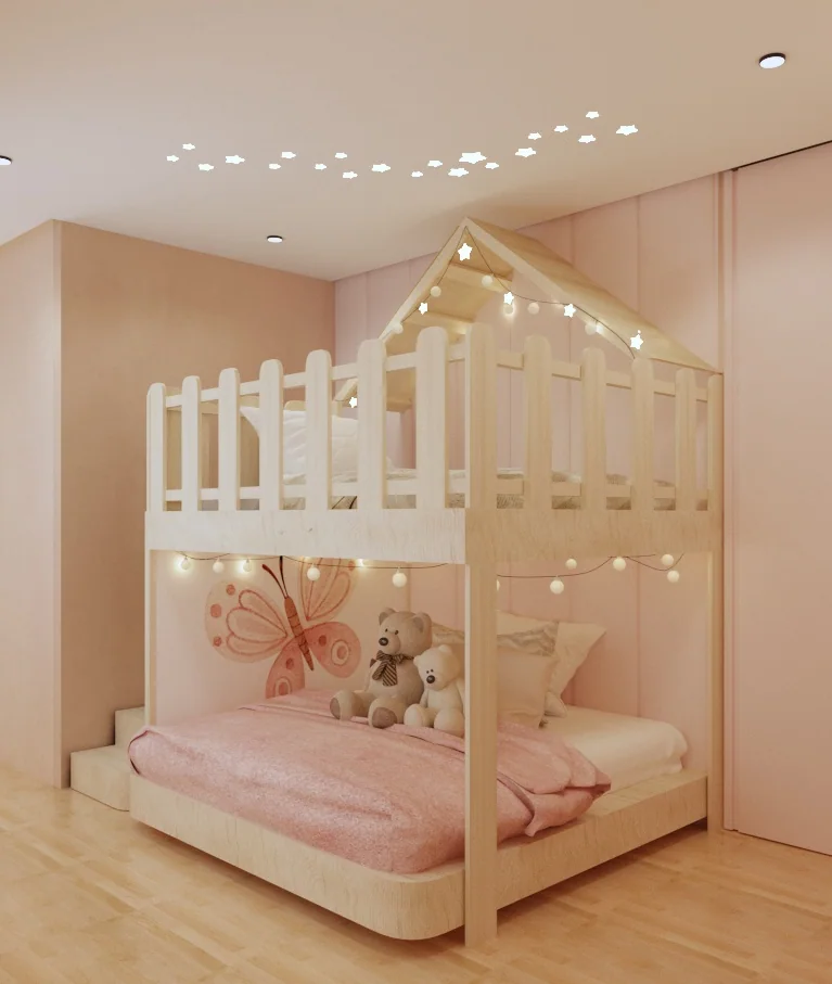 Bedroom with a bunk bed and soft pink wall treatment