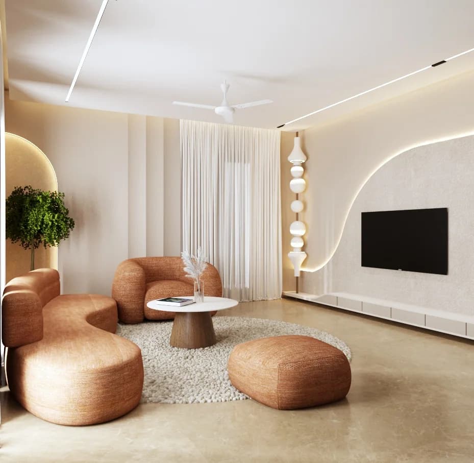 Living area with curved media wall and lounge seating