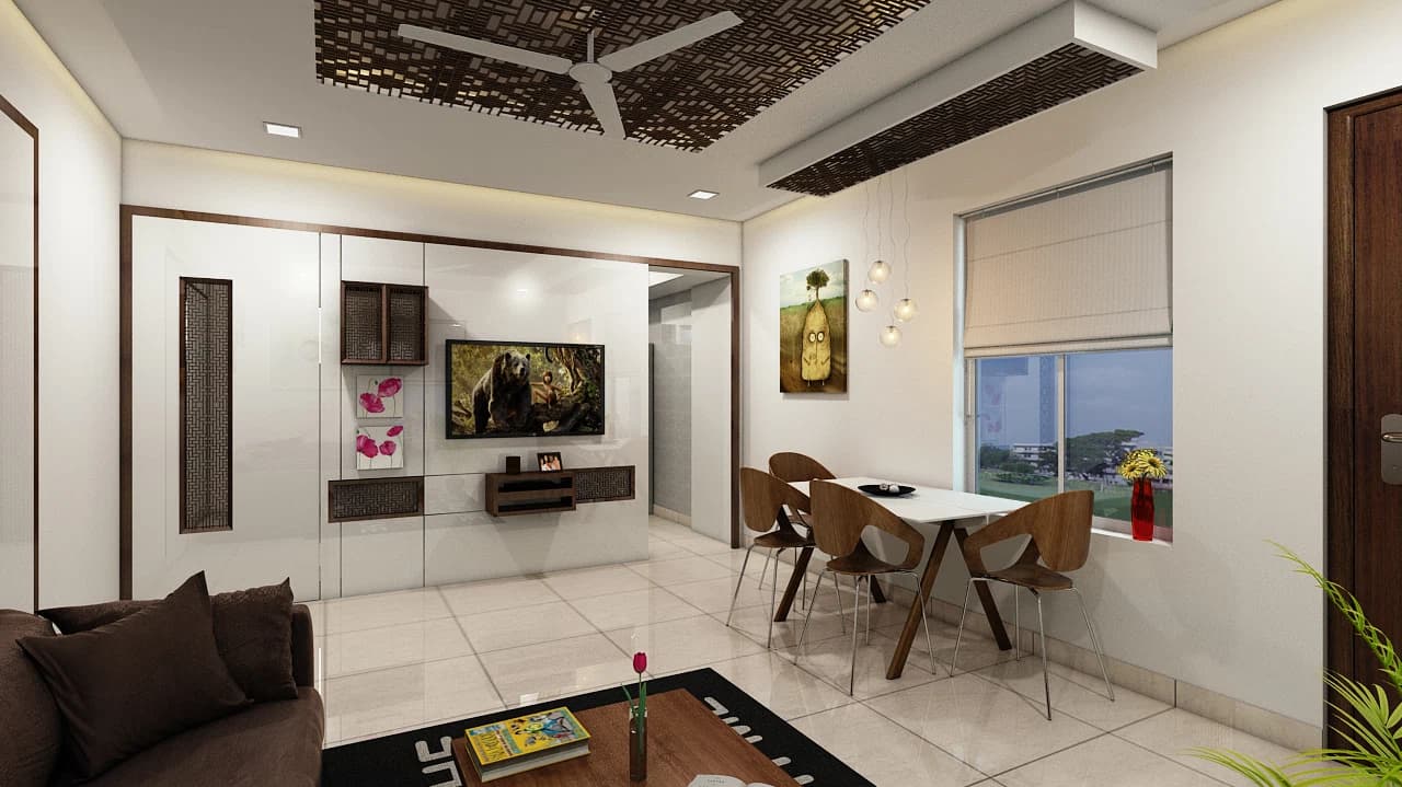 Living area with television wall and dining table