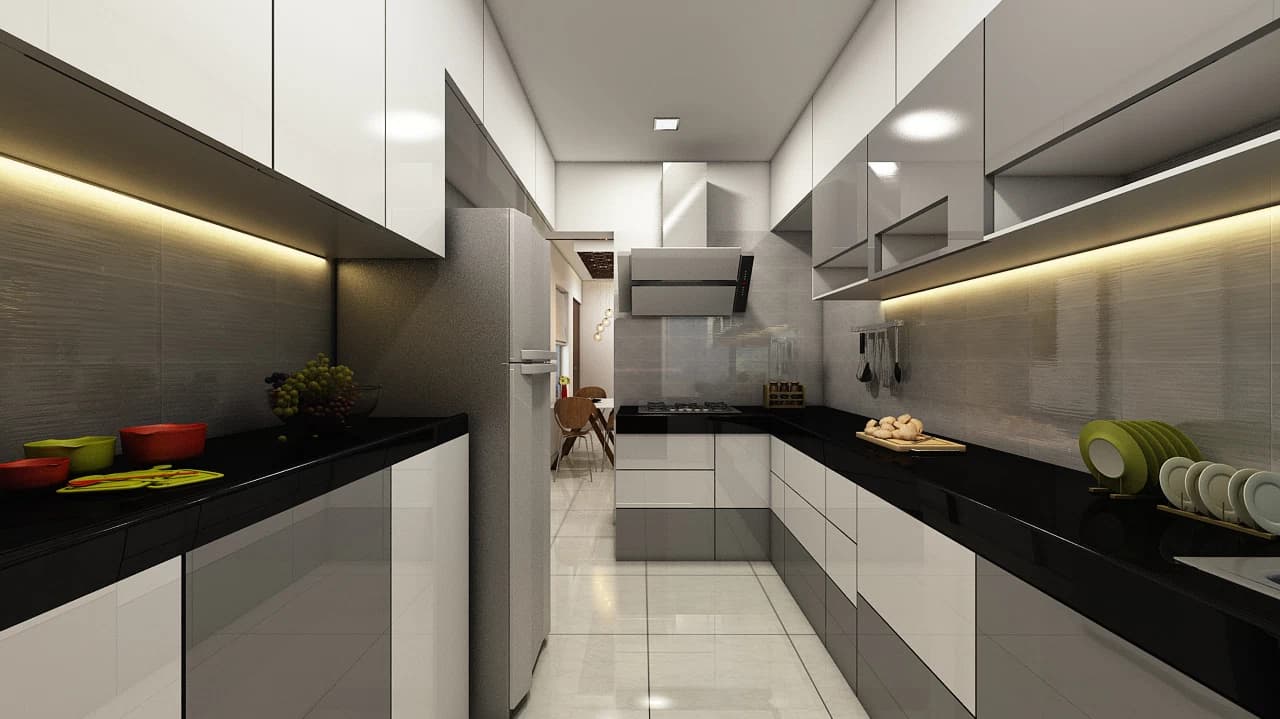 Kitchen with grey cabinetry and long counter