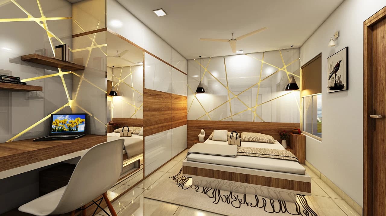 Bedroom with bed, study desk, and decorative ceiling lighting