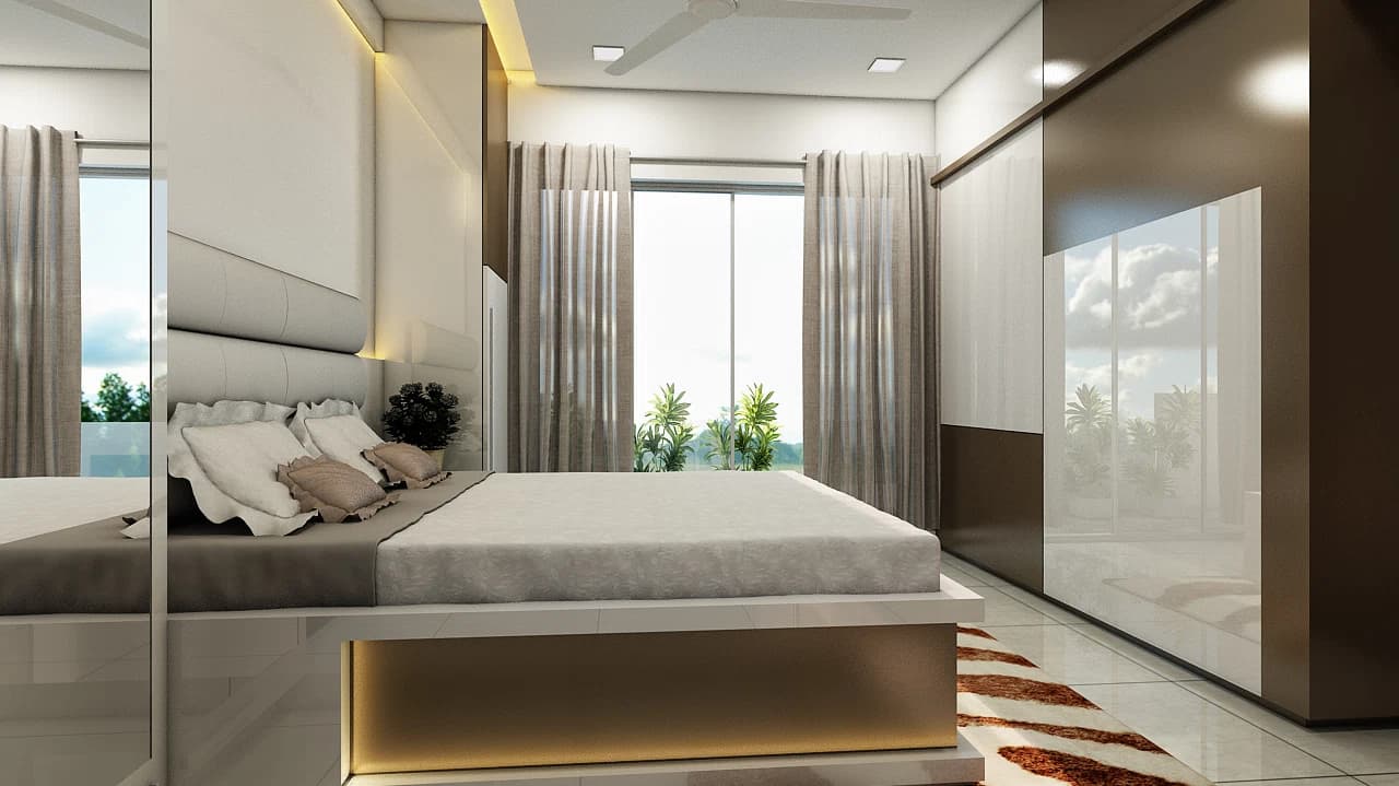 Bedroom with bed and glass-front wardrobe