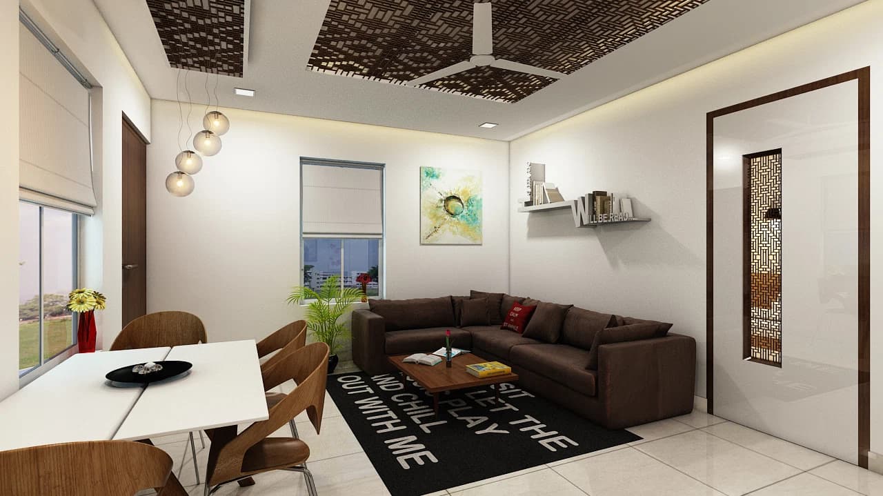 Living and dining area with sofa, table, and ceiling detail