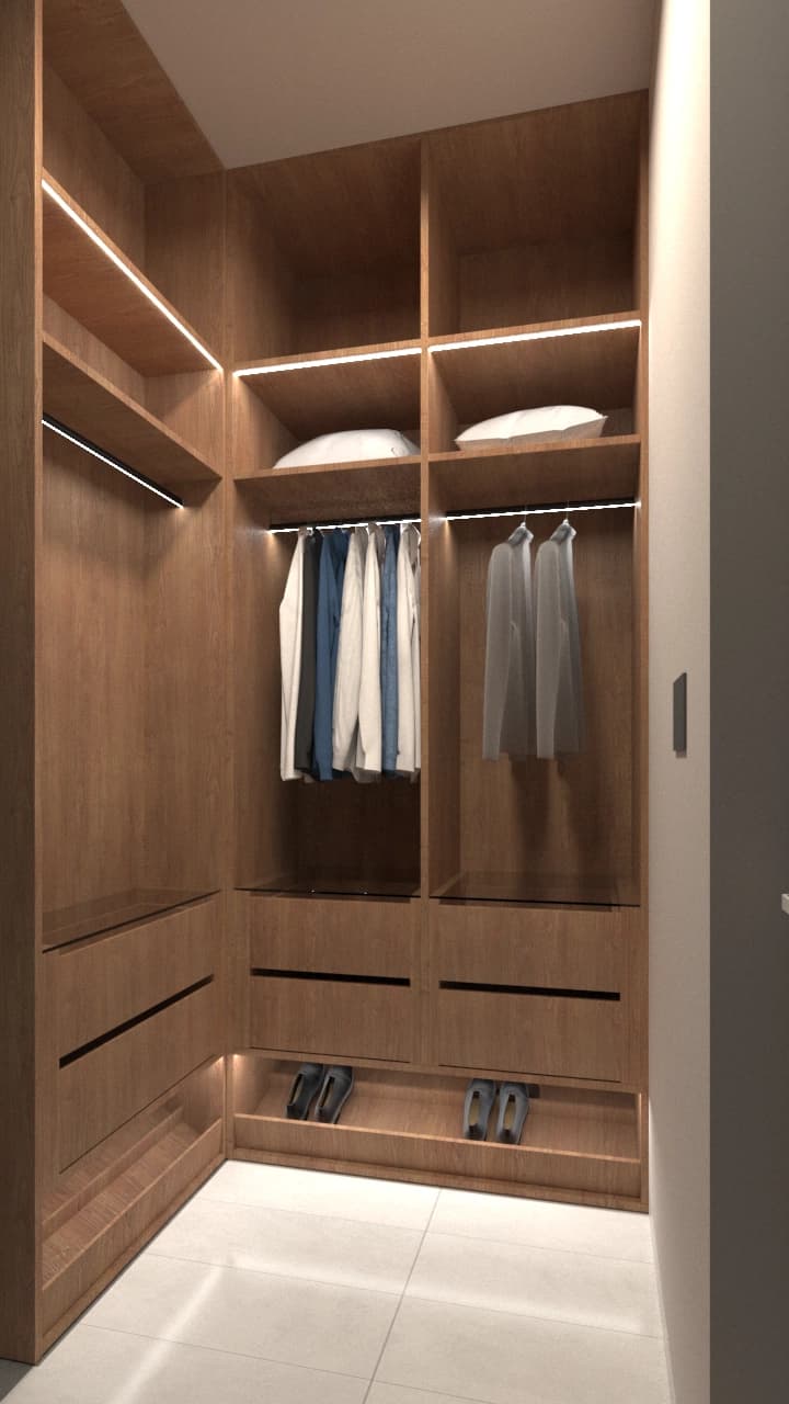Walk-in wardrobe with timber shelving and hanging rails
