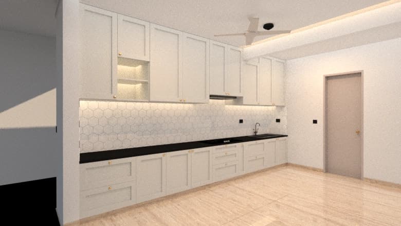 Kitchen with white cabinetry and light backsplash