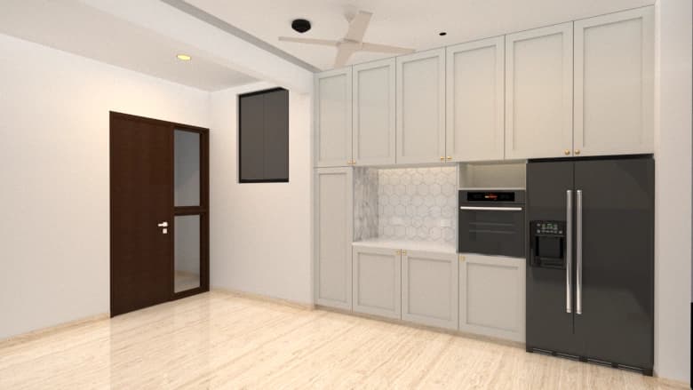 Kitchen with tall storage and refrigerator