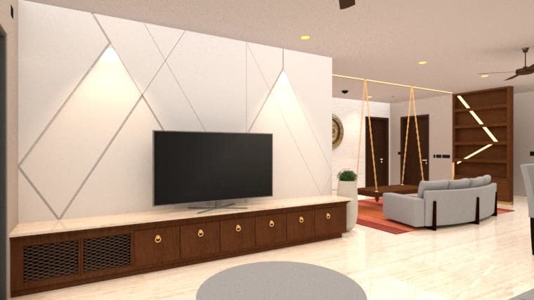 Living room television wall with sofa in foreground