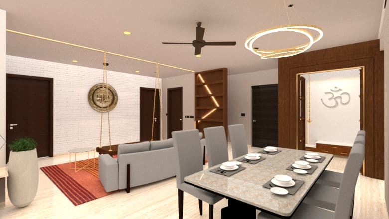Living and dining room with table setting