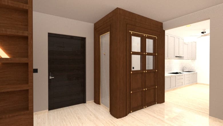 Pooja room entry with timber surround