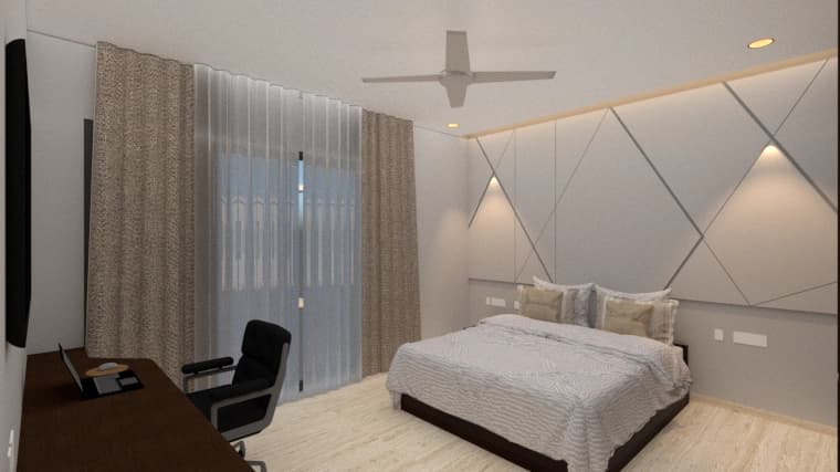 Bedroom with bed and curtain wall