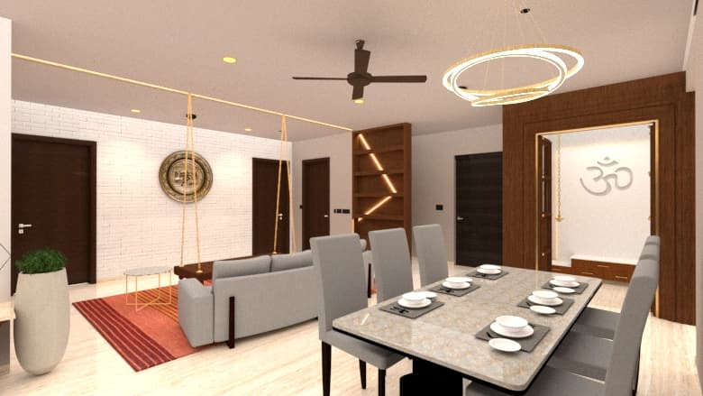 Living and dining room with sofa, table, and wall lighting