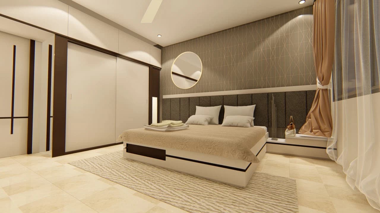 Bedroom with bed, wardrobe wall, and dressing mirror