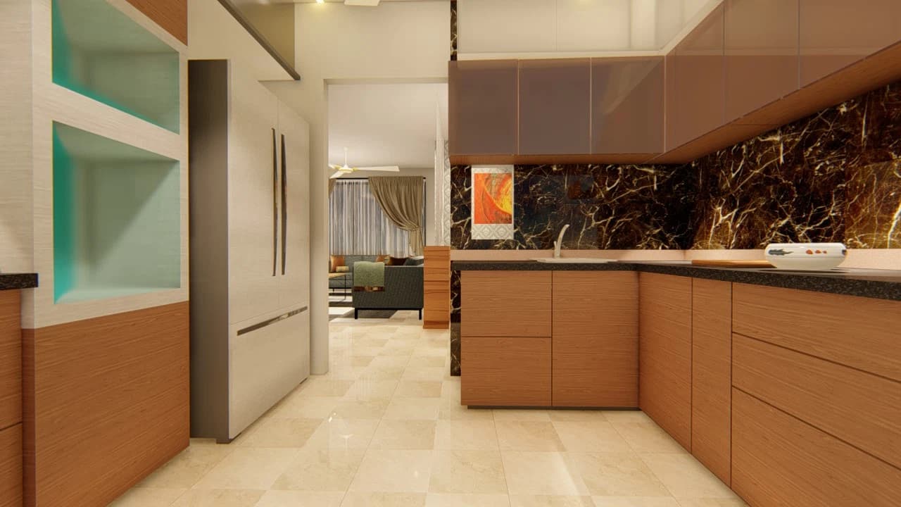 Kitchen with timber lower cabinets and dark backsplash