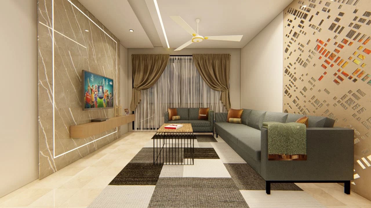 Living room with sofa and television wall
