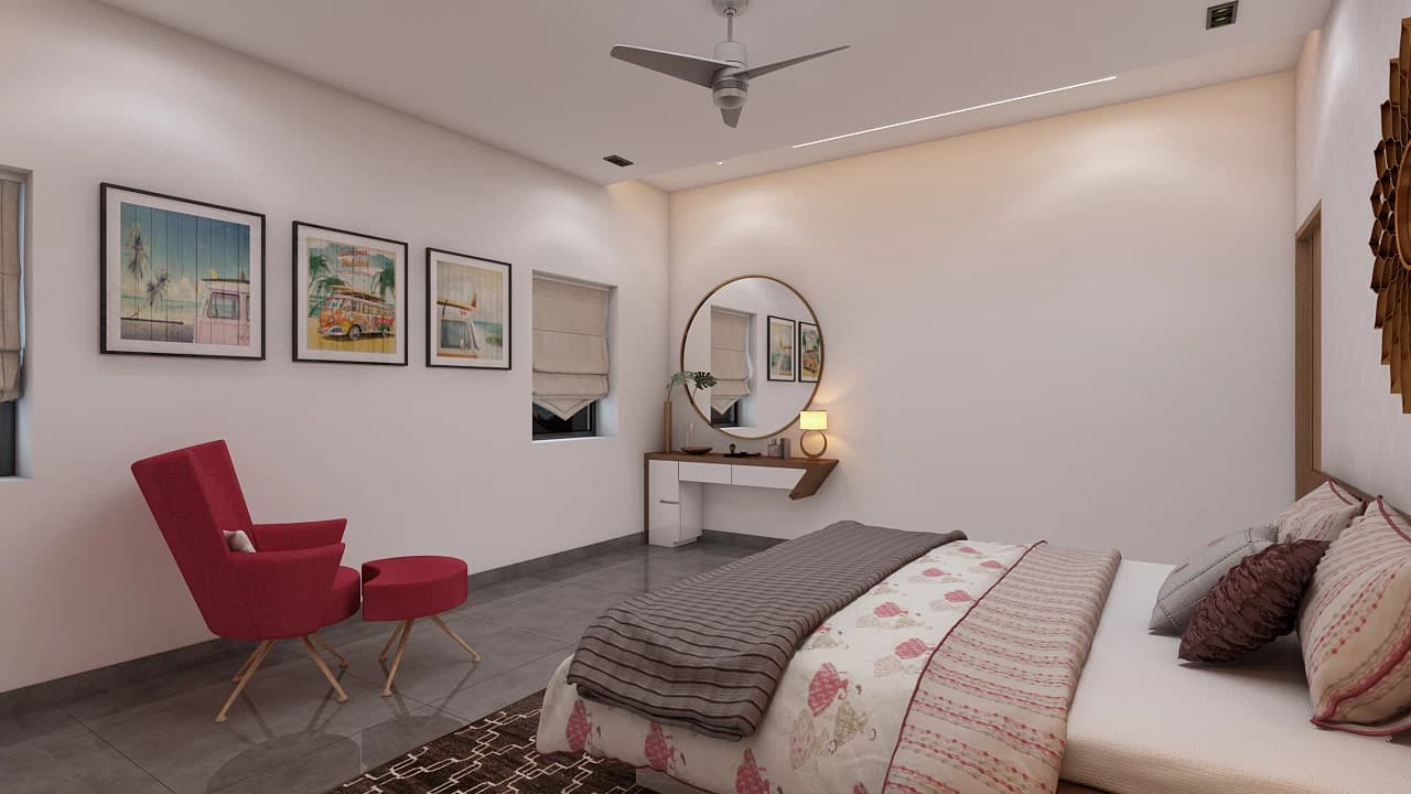 Bedroom with bed, chair, and framed wall art