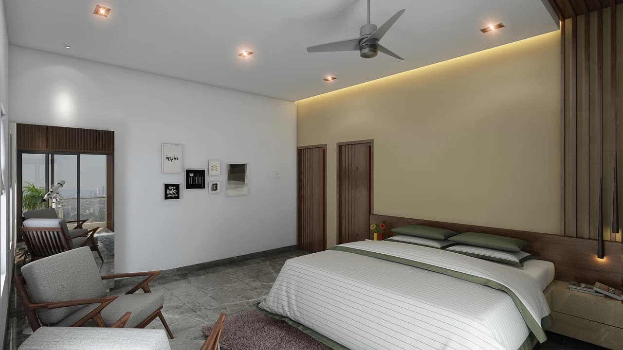 Bedroom with bed, chair, and window