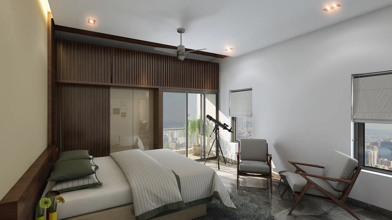 Bedroom with bed and wall paneling