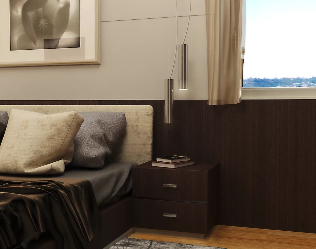 Close view of bedroom side table and window
