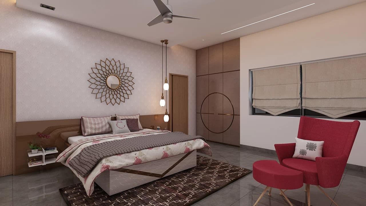 Bedroom with bed, side chair, and wall decor
