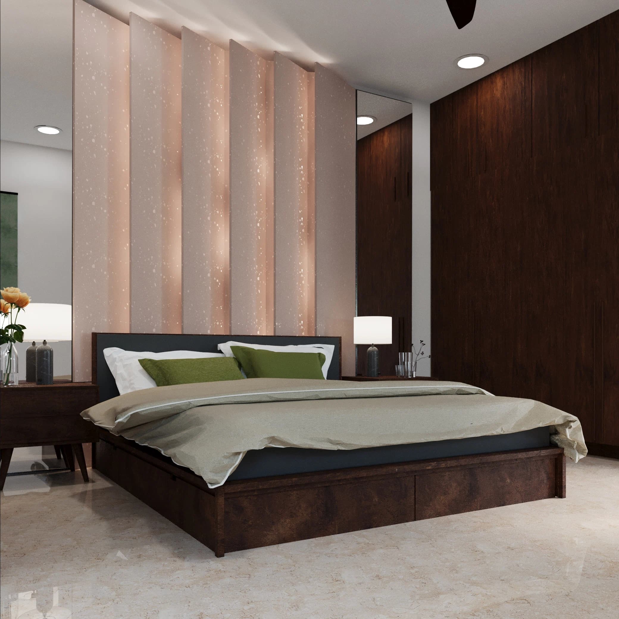 Bedroom with bed and vertical wall paneling